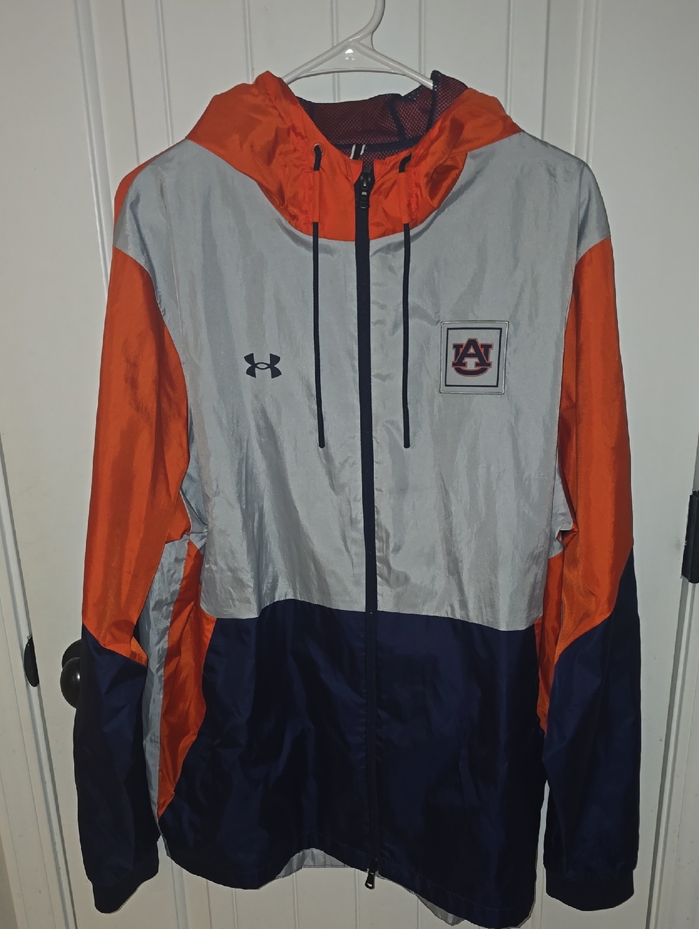 Under Armour Orange Gray Navy Colorblock Hooded Raincoat / Windbreaker